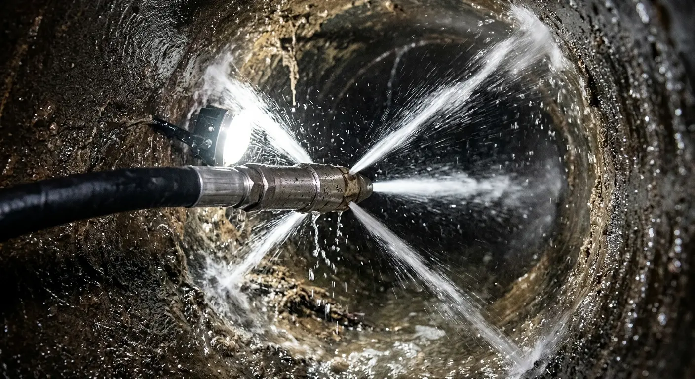 High-pressure hydro jetting nozzle cleaning sewer pipe for Trenchless Sewer Repair in Fort Collins