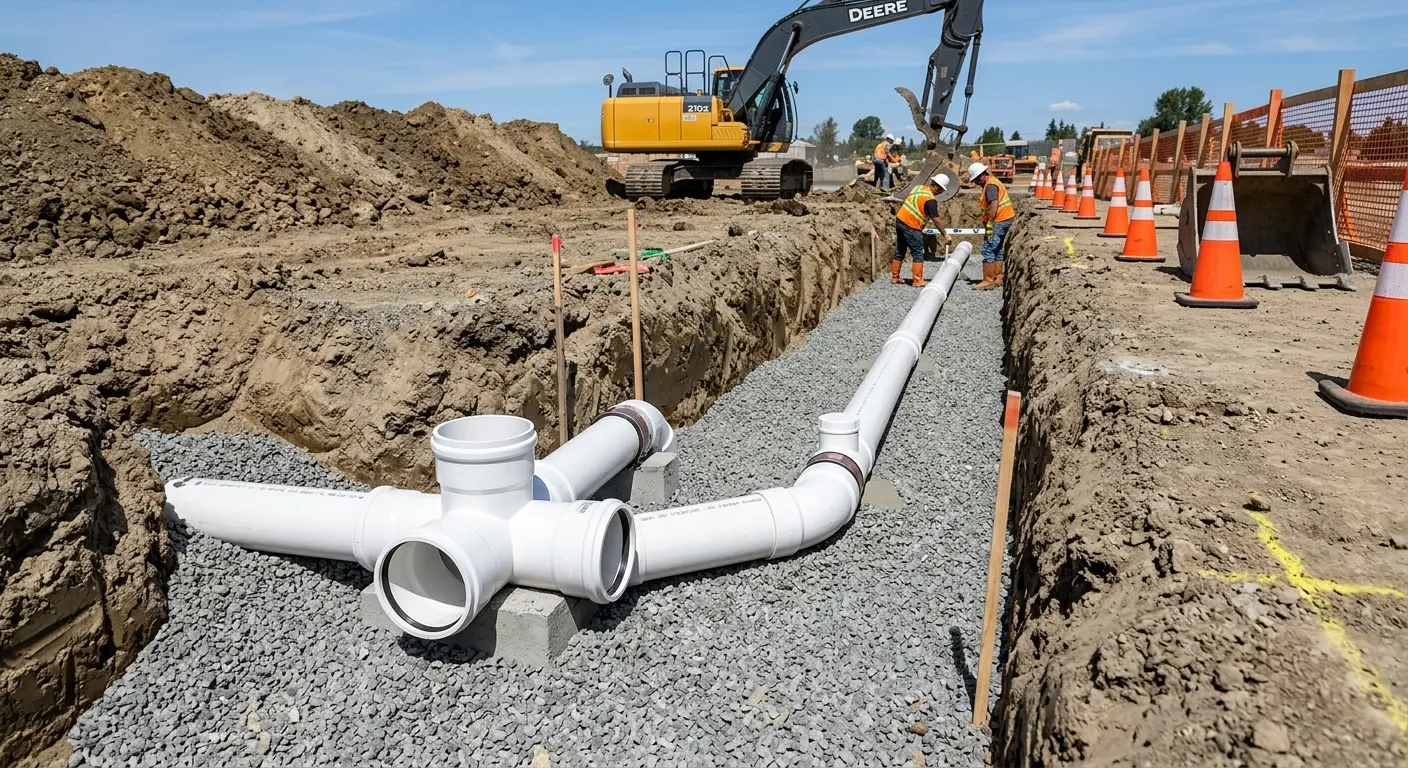 New PVC sewer pipe installation in open trench for Grease Trap Cleaning in Fort Collins