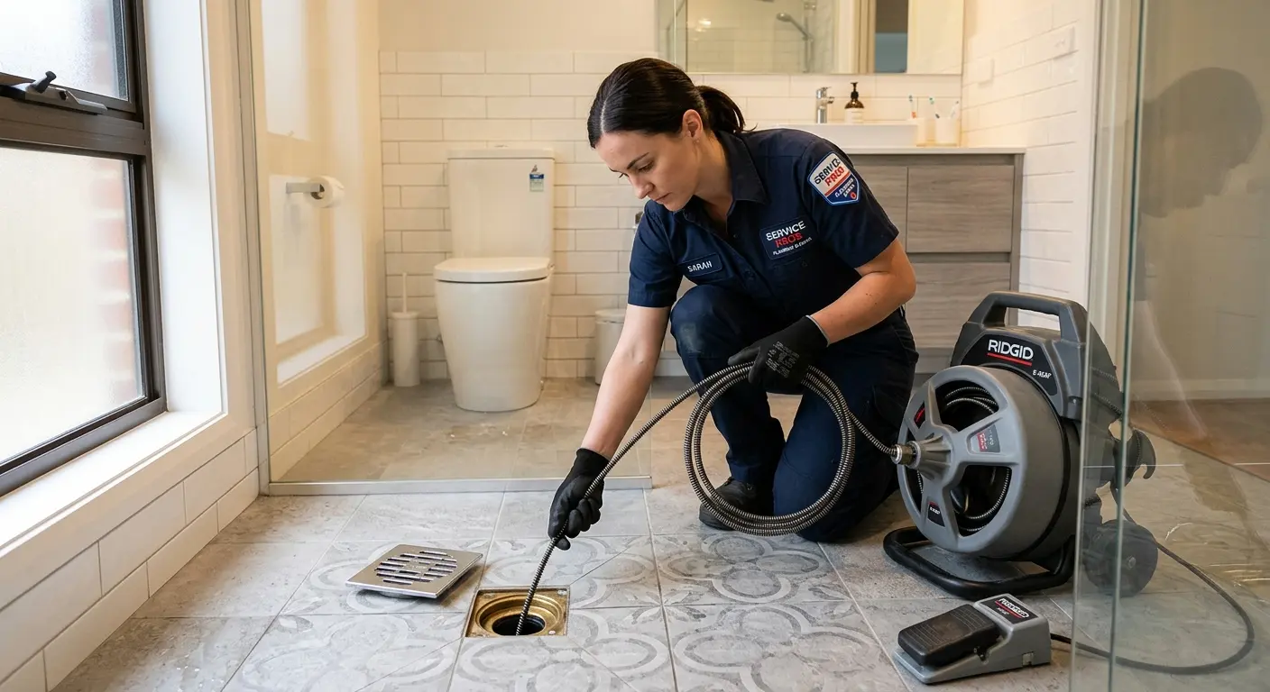 Technician clearing a bathroom floor drain for Sewer Line Installation in Fort Collins
